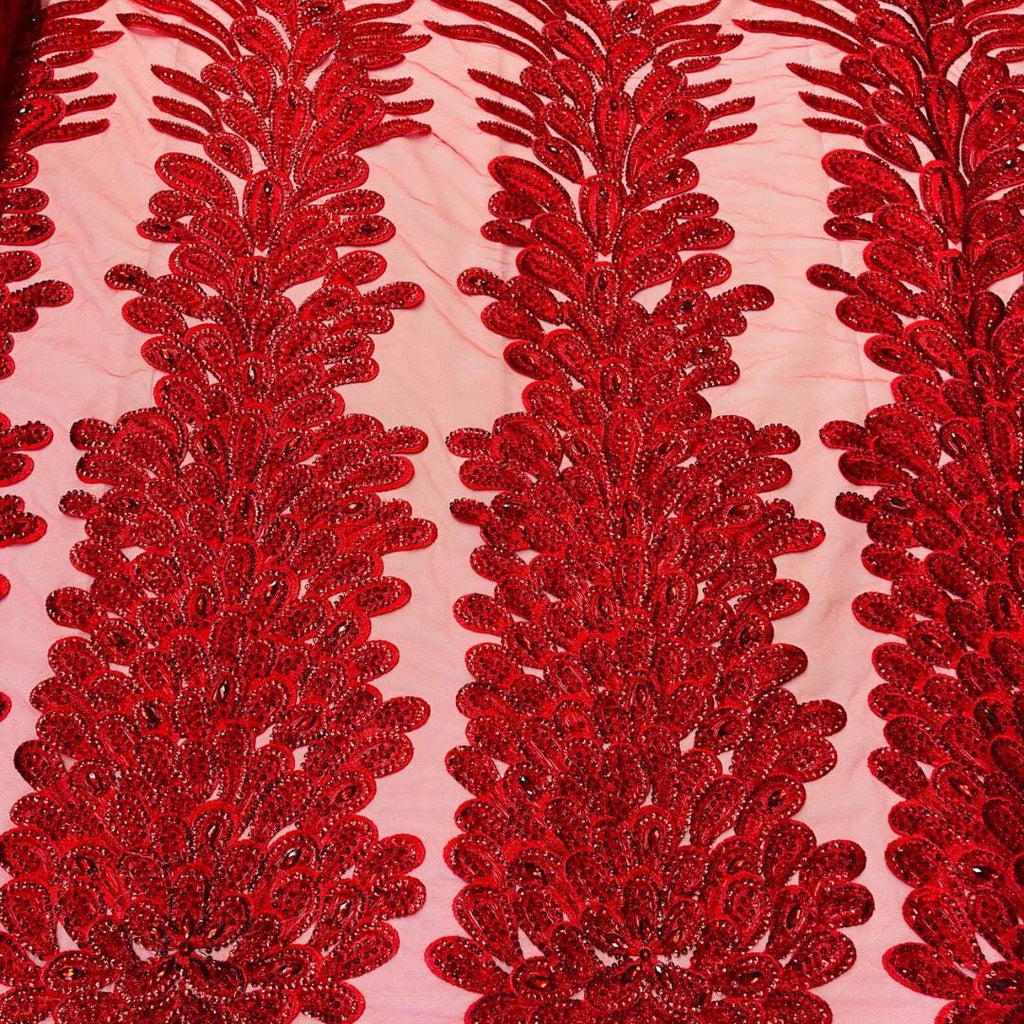 Luxurious Feather Designs Lace - Red - Beaded & Embroidered Sequins and Beads On Mesh Lace Fabric for Prom Dress. Sold By 3 Feathers