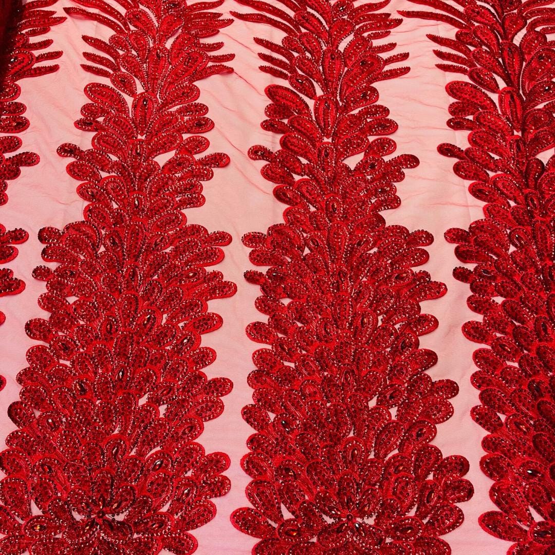 Luxurious Feather Designs Lace - Red - Beaded & Embroidered Sequins and Beads On Mesh Lace Fabric for Prom Dress. Sold By 3 Feathers