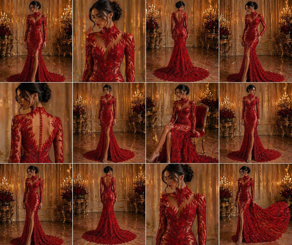 Luxurious Feather Designs Lace - Red - Beaded & Embroidered Sequins and Beads On Mesh Lace Fabric for Prom Dress. Sold By 3 Feathers