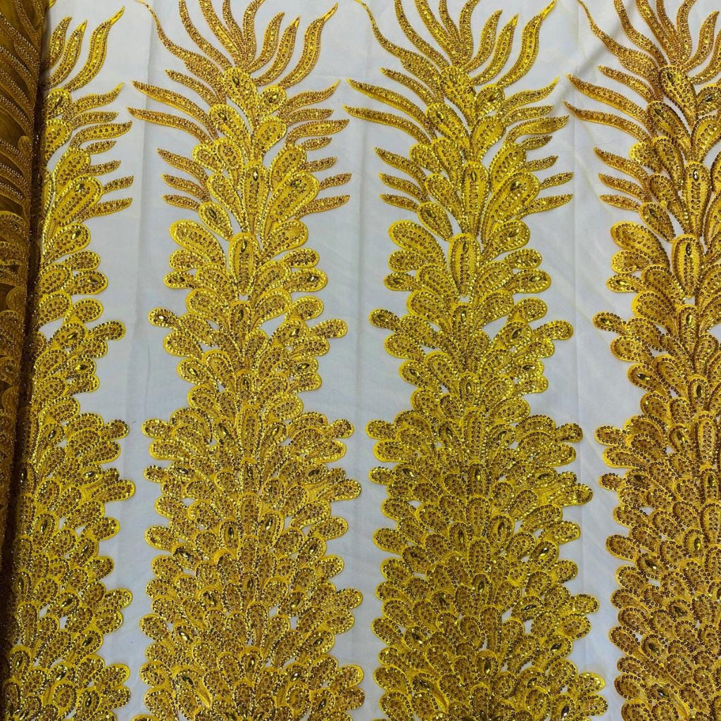 Luxurious Feather Designs Lace - Yellow - Beaded & Embroidered Sequins and Beads On Mesh Lace Fabric for Prom Dress. Sold By 3 Feathers
