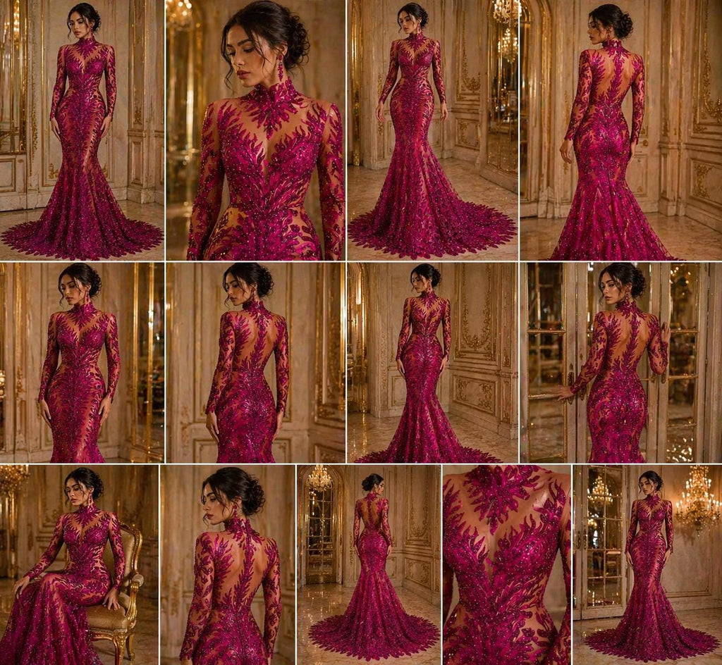 Luxurious Feather Designs Lace - Fuchsia - Beaded & Embroidered Sequins and Beads On Mesh Lace Fabric for Prom Dress. Sold By 3 Feathers