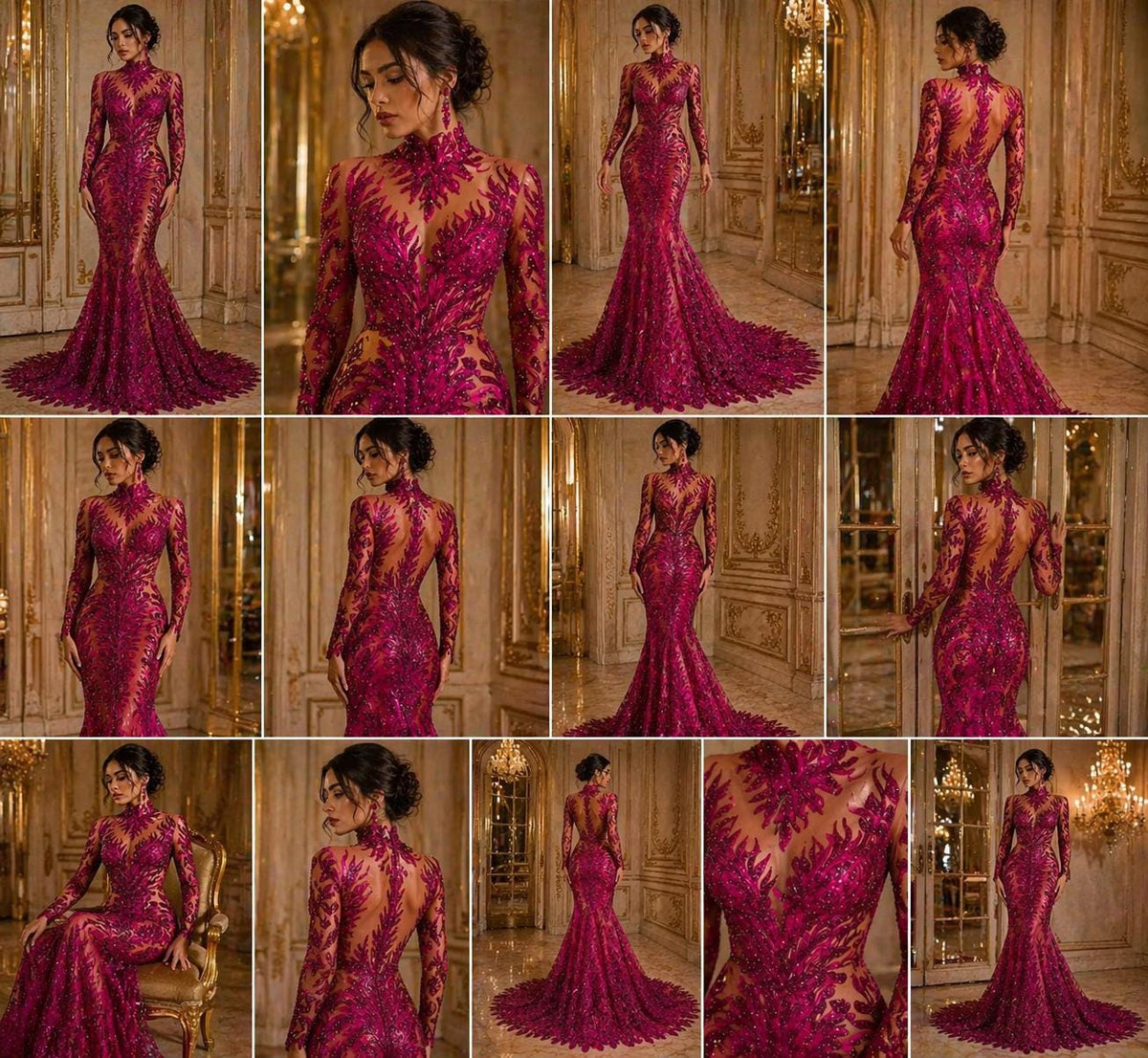Luxurious Feather Designs Lace - Fuchsia - Beaded & Embroidered Sequins and Beads On Mesh Lace Fabric for Prom Dress. Sold By 3 Feathers