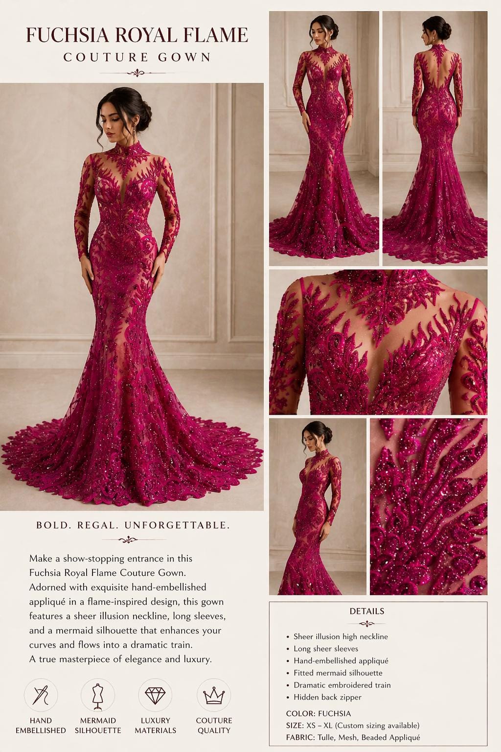 Luxurious Feather Designs Lace - Fuchsia - Beaded & Embroidered Sequins and Beads On Mesh Lace Fabric for Prom Dress. Sold By 3 Feathers