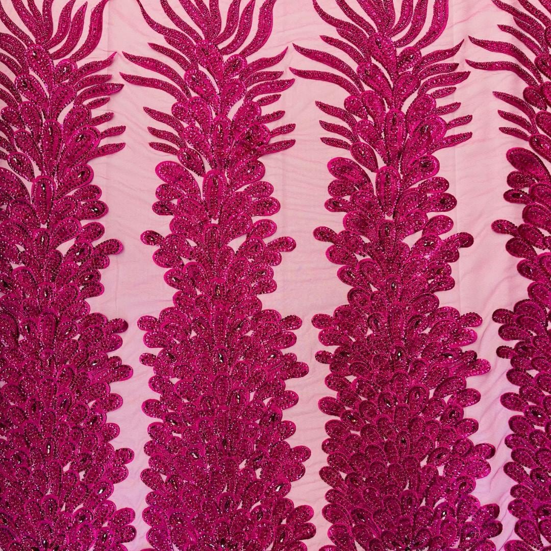 Luxurious Feather Designs Lace - Fuchsia - Beaded & Embroidered Sequins and Beads On Mesh Lace Fabric for Prom Dress. Sold By 3 Feathers