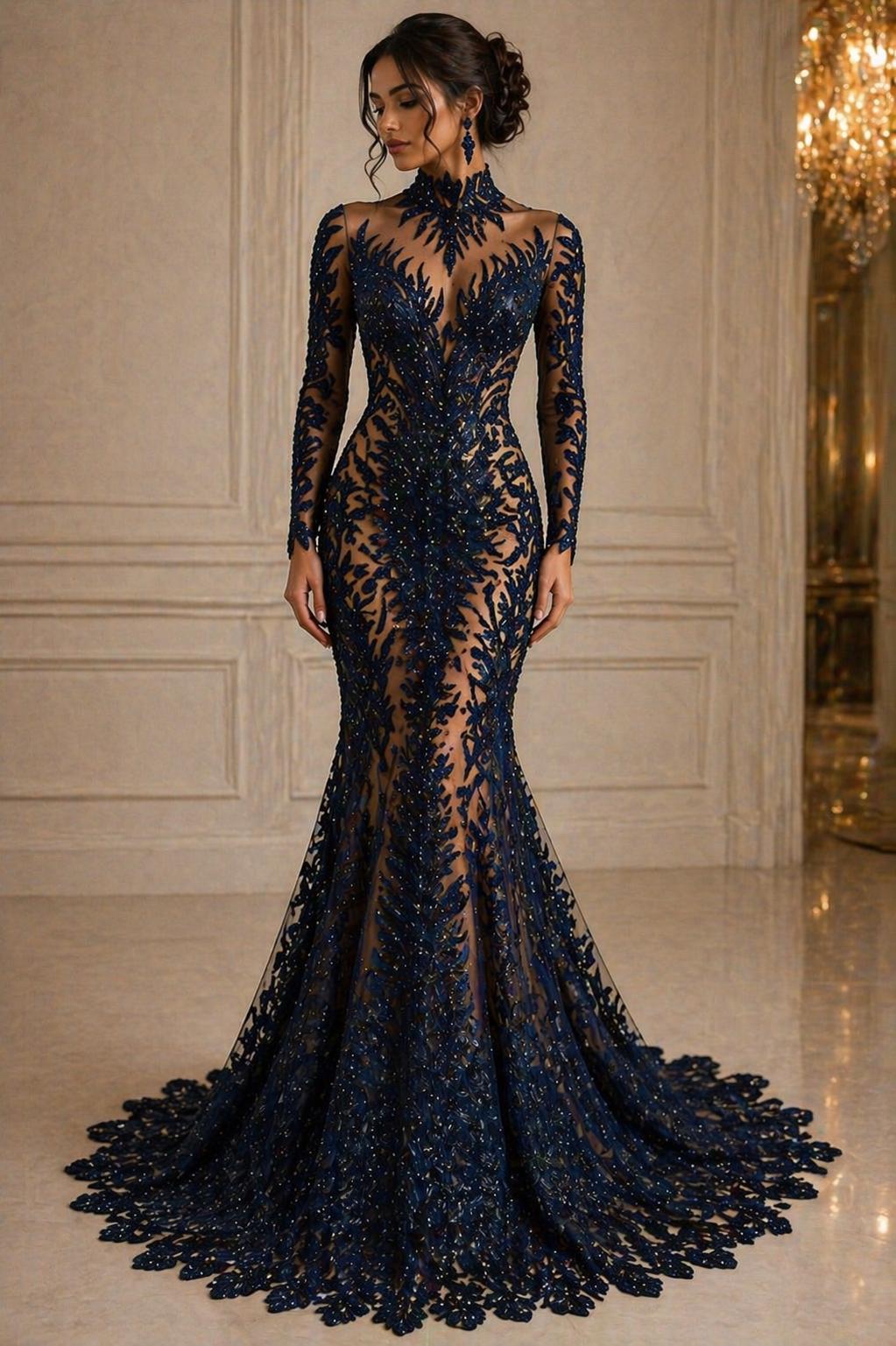 Luxurious Feather Designs Lace - Navy - Beaded & Embroidered Sequins and Beads On Mesh Lace Fabric for Prom Dress. Sold By 3 Feathers