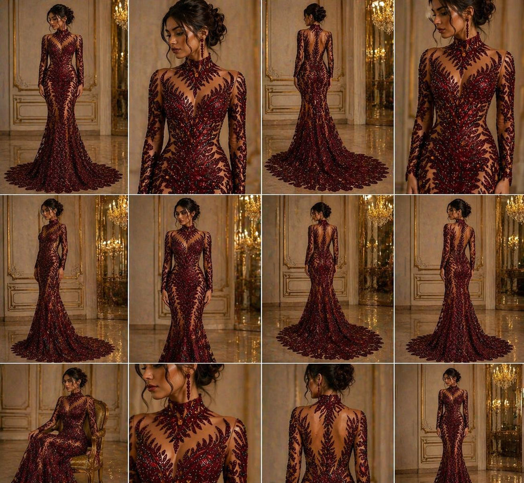 Luxurious Feather Designs Lace - Burgundy - Beaded & Embroidered Sequins and Beads On Mesh Lace Fabric for Prom Dress. Sold By 3 Feathers