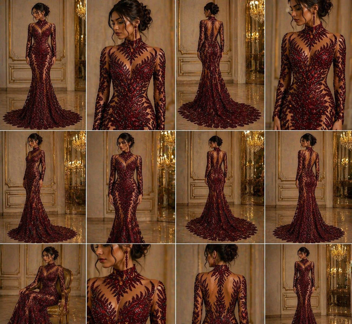 Luxurious Feather Designs Lace - Burgundy - Beaded & Embroidered Sequins and Beads On Mesh Lace Fabric for Prom Dress. Sold By 3 Feathers