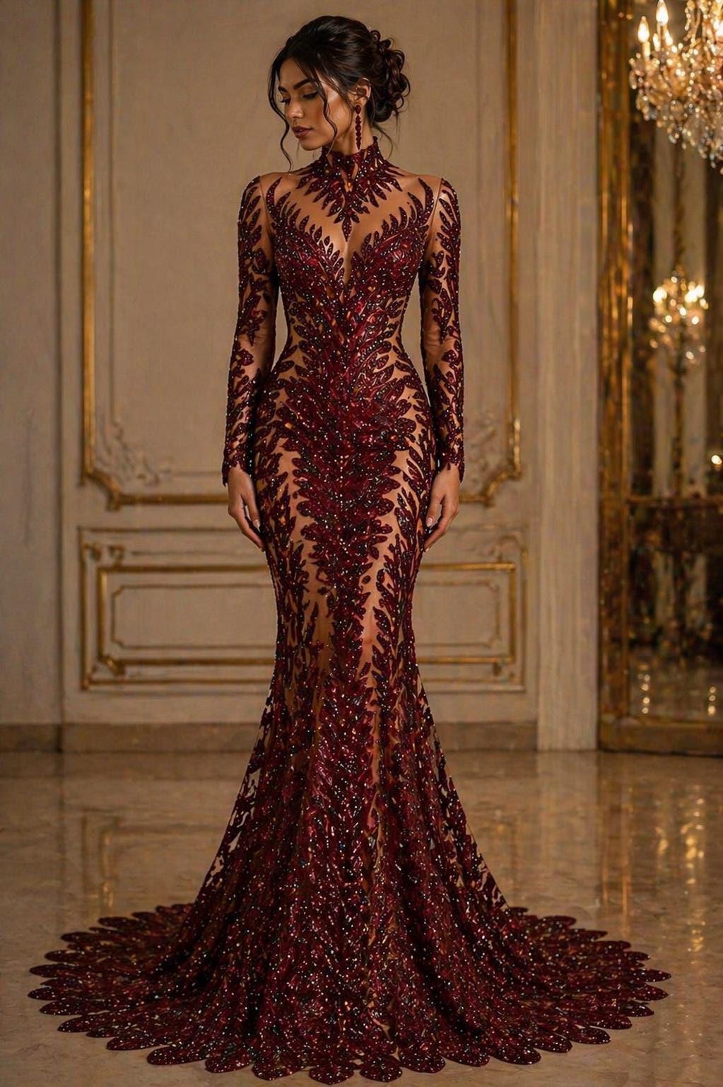 Luxurious Feather Designs Lace - Burgundy - Beaded & Embroidered Sequins and Beads On Mesh Lace Fabric for Prom Dress. Sold By 3 Feathers