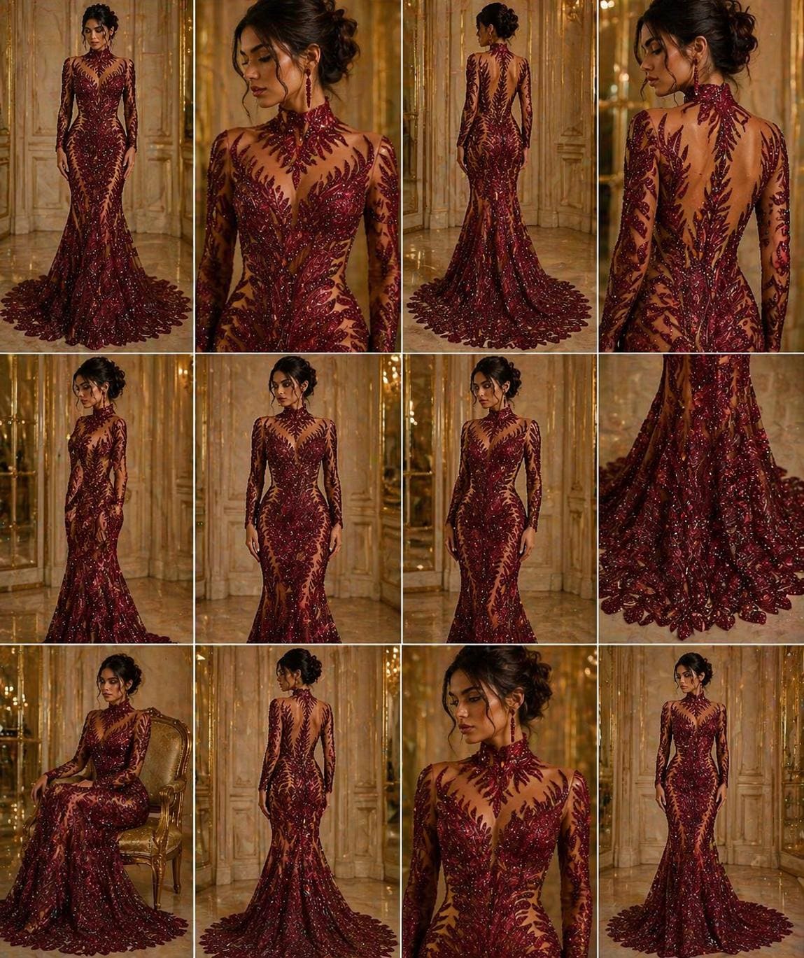Luxurious Feather Designs Lace - Burgundy - Beaded & Embroidered Sequins and Beads On Mesh Lace Fabric for Prom Dress. Sold By 3 Feathers