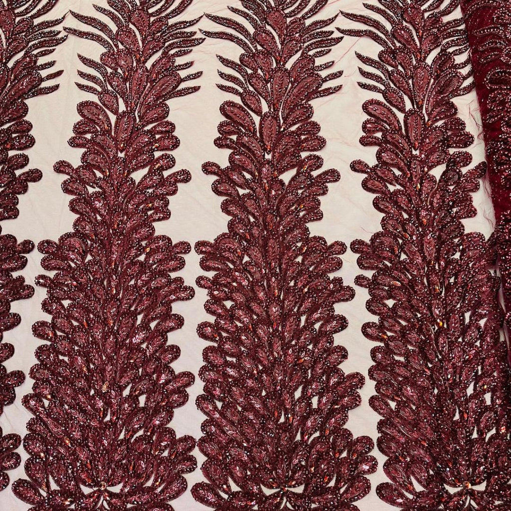 Luxurious Feather Designs Lace - Burgundy - Beaded & Embroidered Sequins and Beads On Mesh Lace Fabric for Prom Dress. Sold By 3 Feathers