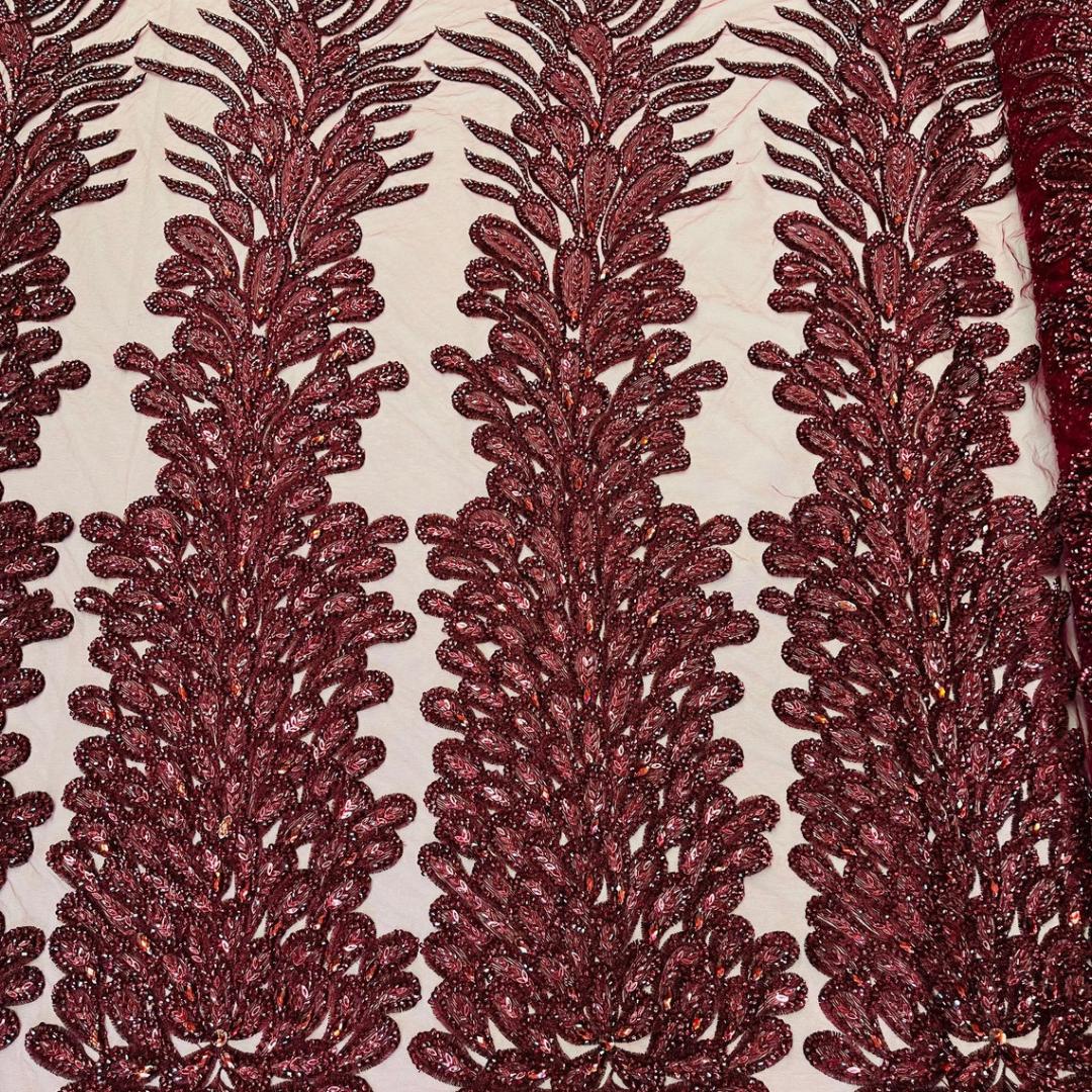 Luxurious Feather Designs Lace - Burgundy - Beaded & Embroidered Sequins and Beads On Mesh Lace Fabric for Prom Dress. Sold By 3 Feathers