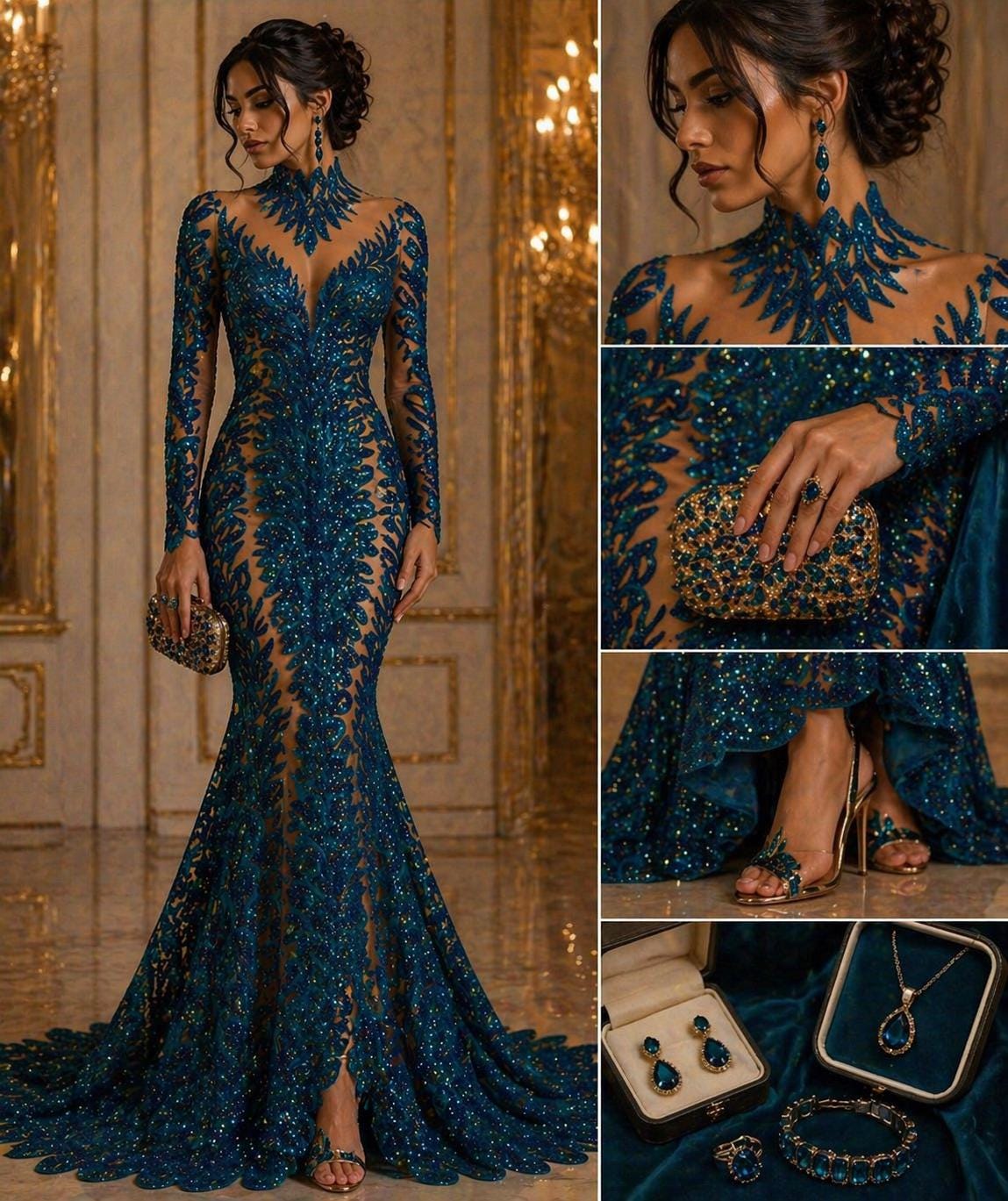 Luxurious Feather Designs Lace - Turquoise - Beaded & Embroidered Sequins and Beads On Mesh Lace Fabric for Prom Dress. Sold By 3 Feathers