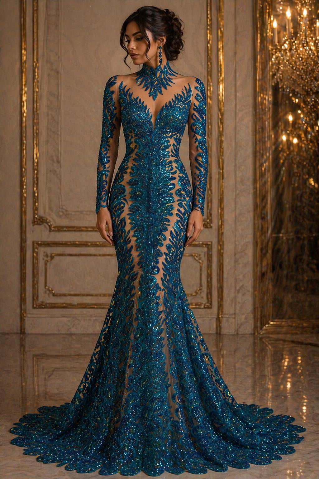 Luxurious Feather Designs Lace - Turquoise - Beaded & Embroidered Sequins and Beads On Mesh Lace Fabric for Prom Dress. Sold By 3 Feathers