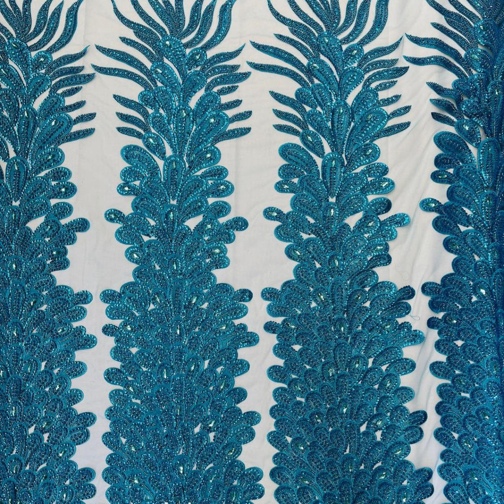 Luxurious Feather Designs Lace - Turquoise - Beaded & Embroidered Sequins and Beads On Mesh Lace Fabric for Prom Dress. Sold By 3 Feathers