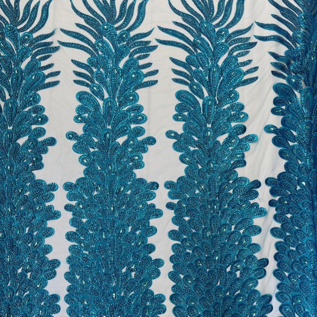 Luxurious Feather Designs Lace - Turquoise - Beaded & Embroidered Sequins and Beads On Mesh Lace Fabric for Prom Dress. Sold By 3 Feathers