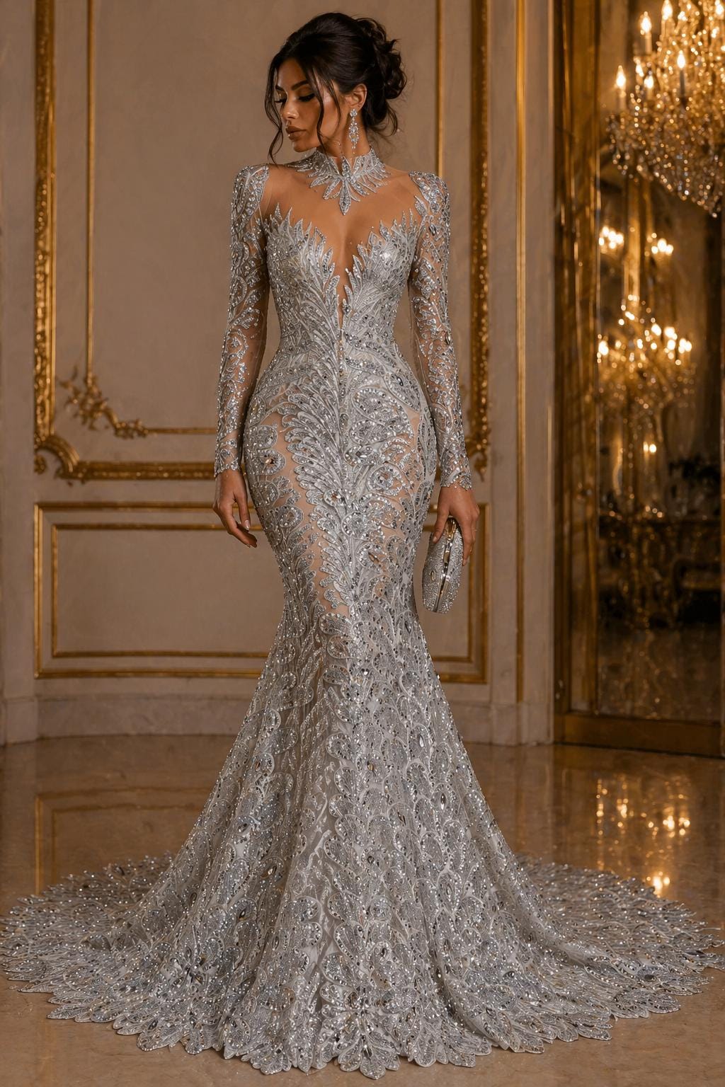 Luxurious Feather Designs Lace - Silver - Beaded & Embroidered Sequins and Beads On Mesh Lace Fabric for Prom Dress. Sold By 3 Feathers