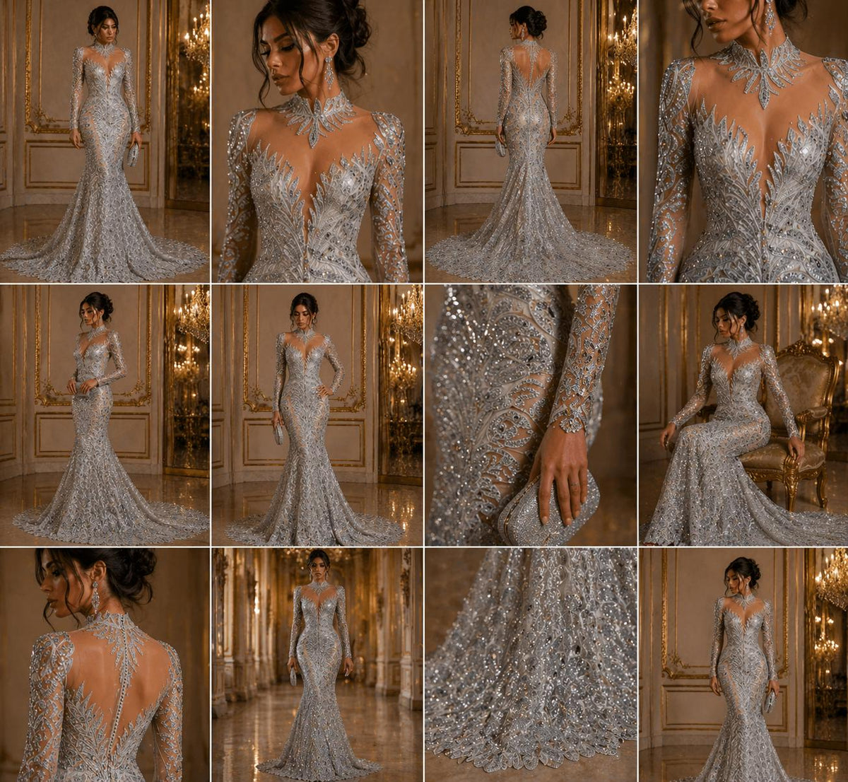 Luxurious Feather Designs Lace - Silver - Beaded & Embroidered Sequins and Beads On Mesh Lace Fabric for Prom Dress. Sold By 3 Feathers