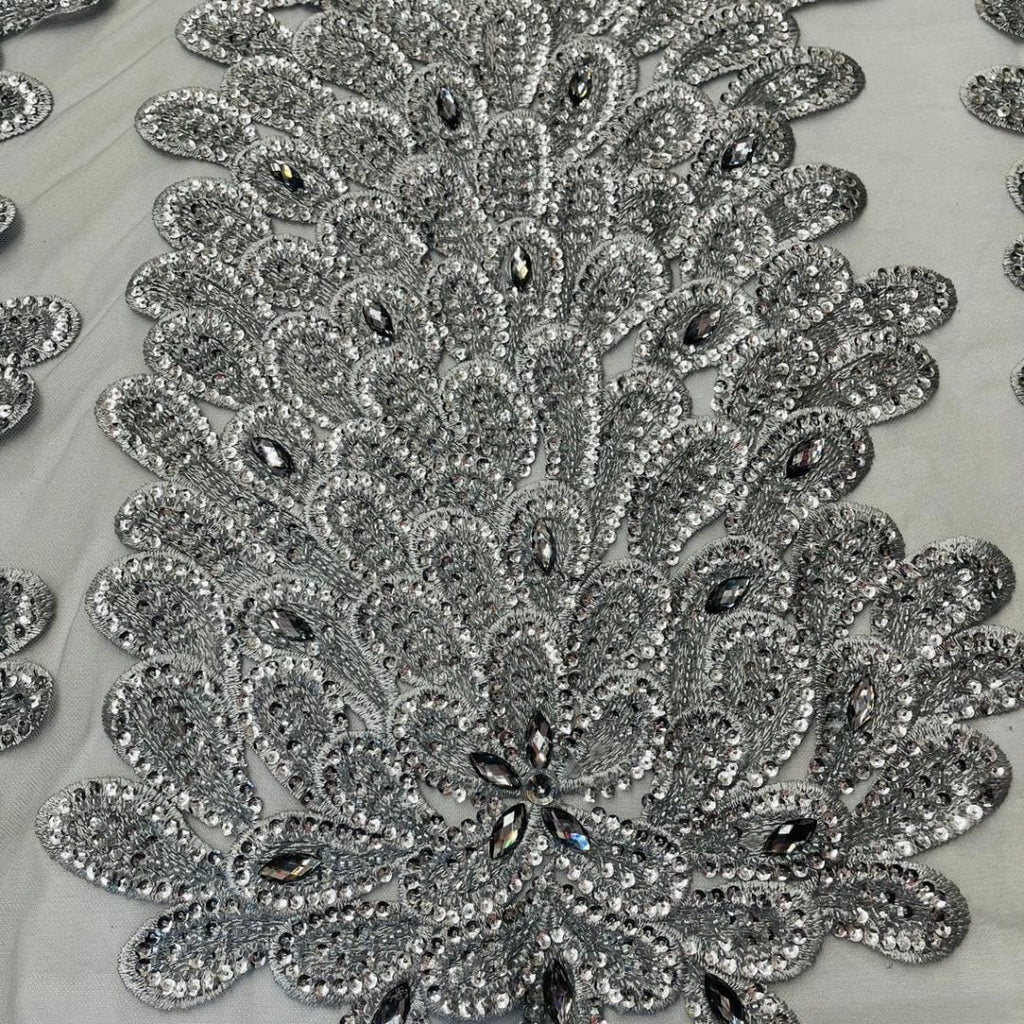 Luxurious Feather Designs Lace - Silver - Beaded & Embroidered Sequins and Beads On Mesh Lace Fabric for Prom Dress. Sold By 3 Feathers