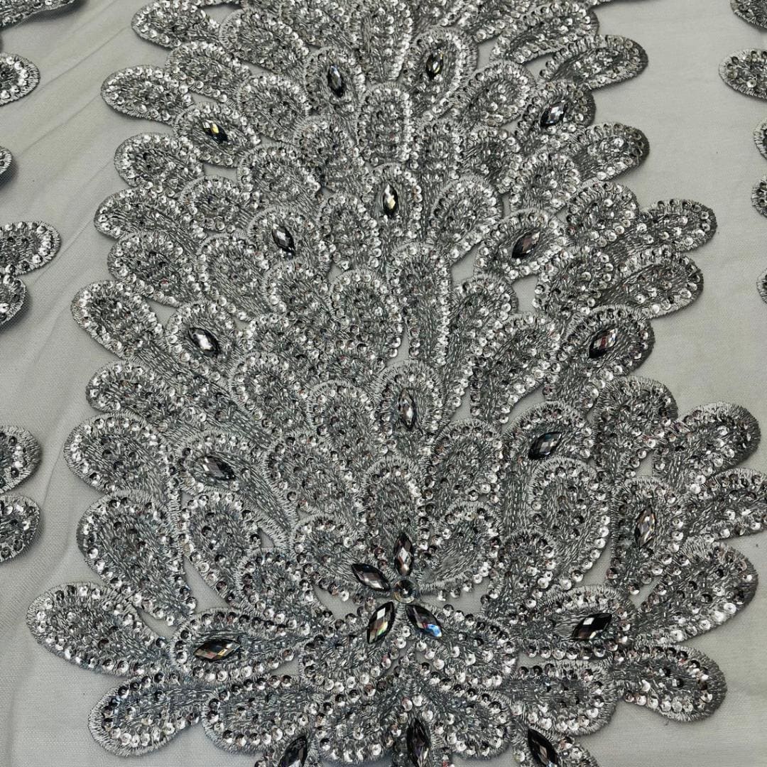 Luxurious Feather Designs Lace - Silver - Beaded & Embroidered Sequins and Beads On Mesh Lace Fabric for Prom Dress. Sold By 3 Feathers