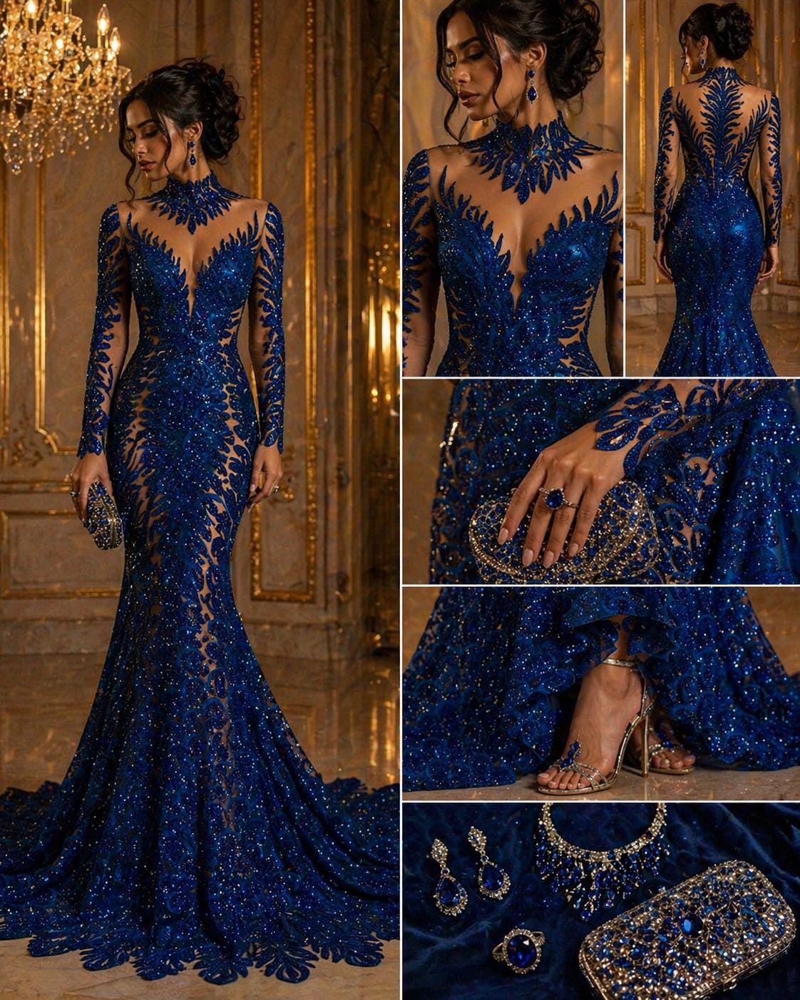Luxurious Feather Designs Lace - Royal  - Beaded & Embroidered Sequins and Beads On Mesh Lace Fabric for Prom Dress. Sold By 3 Feathers