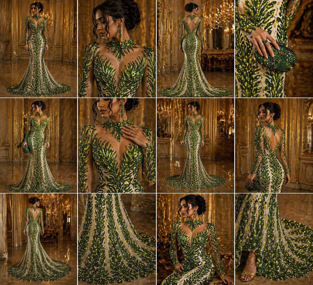 Luxurious Feather Designs Lace - Olive  - Beaded & Embroidered Sequins and Beads On Mesh Lace Fabric for Prom Dress. Sold By 3 Feathers