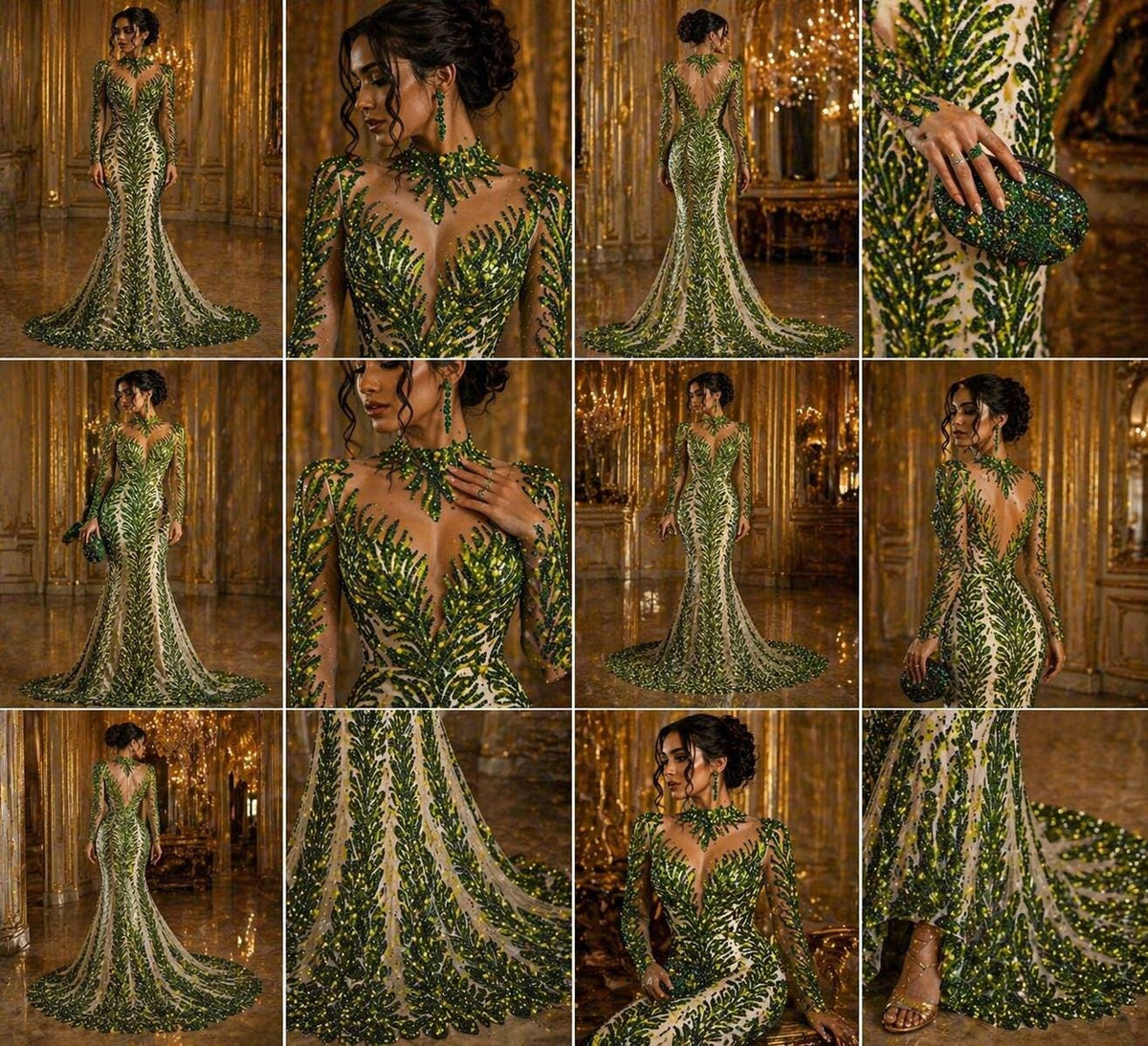 Luxurious Feather Designs Lace - Olive  - Beaded & Embroidered Sequins and Beads On Mesh Lace Fabric for Prom Dress. Sold By 3 Feathers