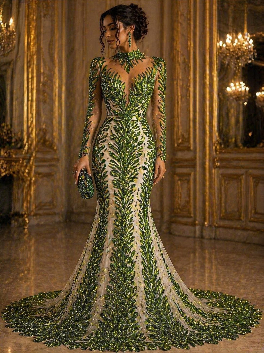 Luxurious Feather Designs Lace - Olive  - Beaded & Embroidered Sequins and Beads On Mesh Lace Fabric for Prom Dress. Sold By 3 Feathers