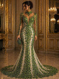 Luxurious Feather Designs Lace - Olive  - Beaded & Embroidered Sequins and Beads On Mesh Lace Fabric for Prom Dress. Sold By 3 Feathers