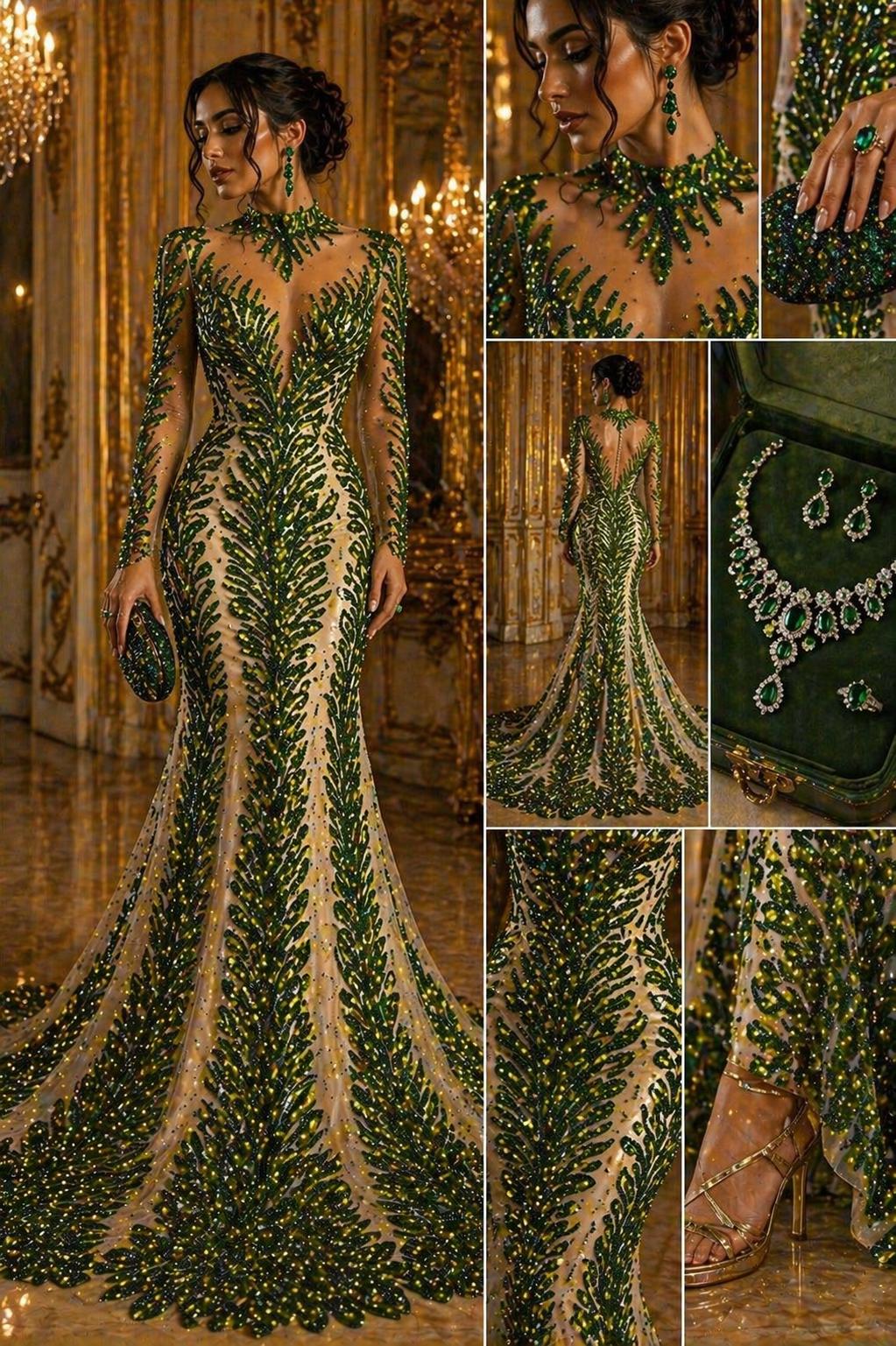 Luxurious Feather Designs Lace - Olive  - Beaded & Embroidered Sequins and Beads On Mesh Lace Fabric for Prom Dress. Sold By 3 Feathers