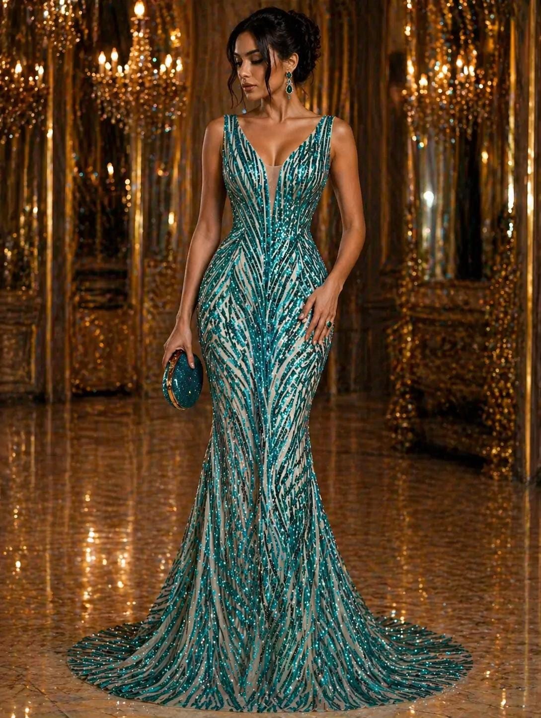 Luxury Shiny Sequin 4-Way Stretch Mesh Fabric – Prom & Evening Dress Material By The Yard. Teal