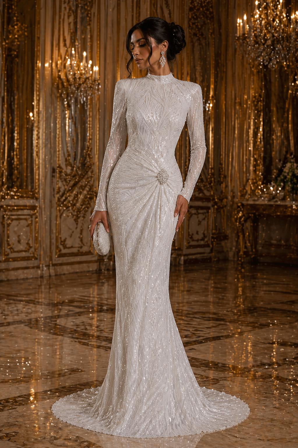 Luxury Shiny Sequin 4-Way Stretch Mesh Fabric – Prom & Evening Dress Material By The Yard. White