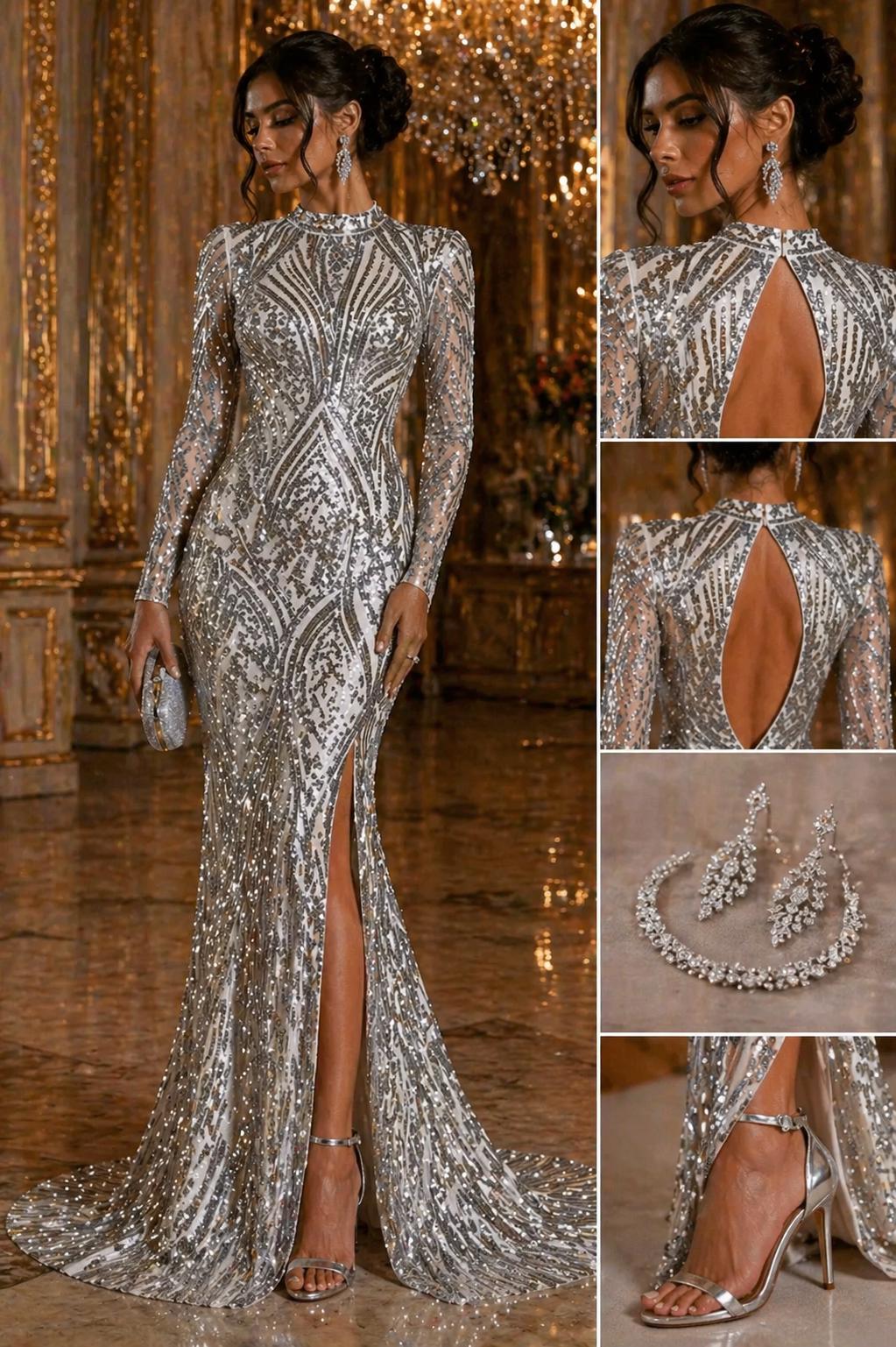 Luxury Shiny Sequin 4-Way Stretch Mesh Fabric – Prom & Evening Dress Material By The Yard. Silver