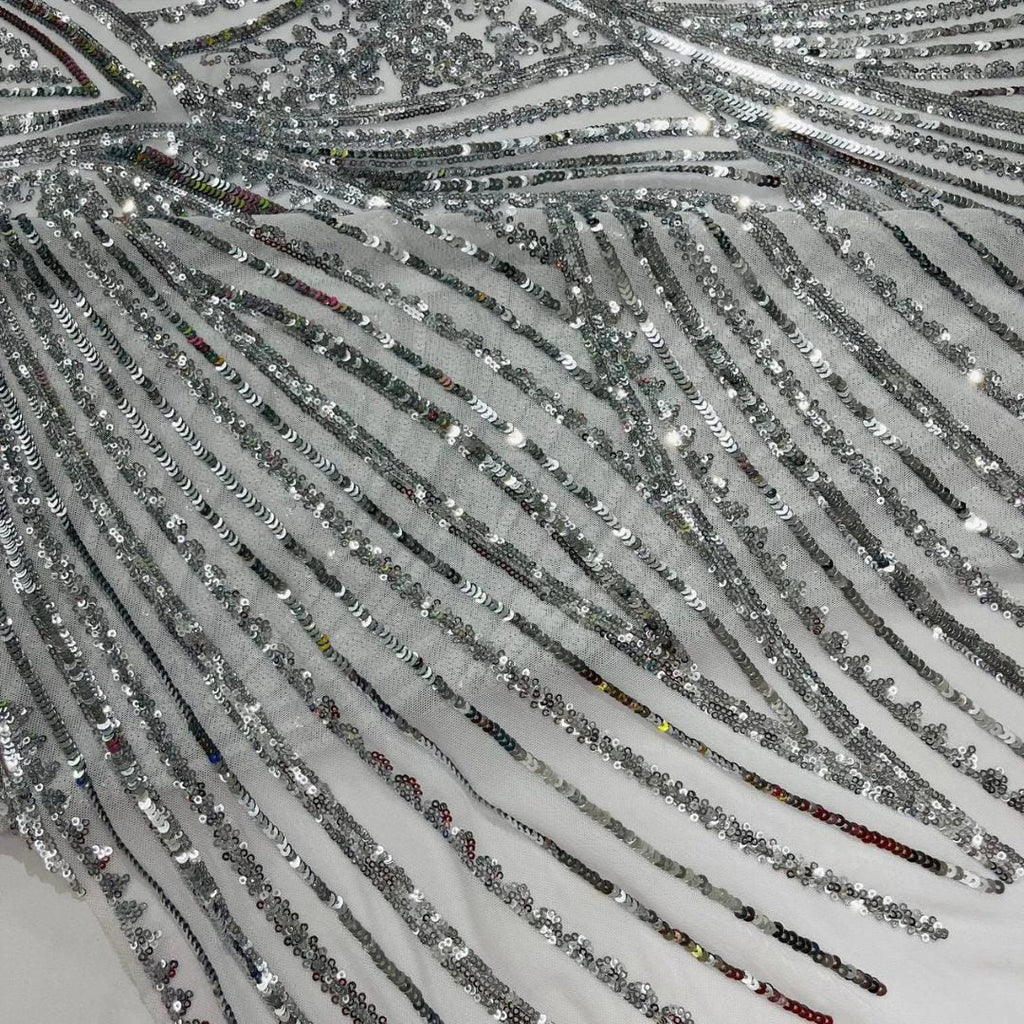 Luxury Shiny Sequin 4-Way Stretch Mesh Fabric – Prom & Evening Dress Material By The Yard. Silver