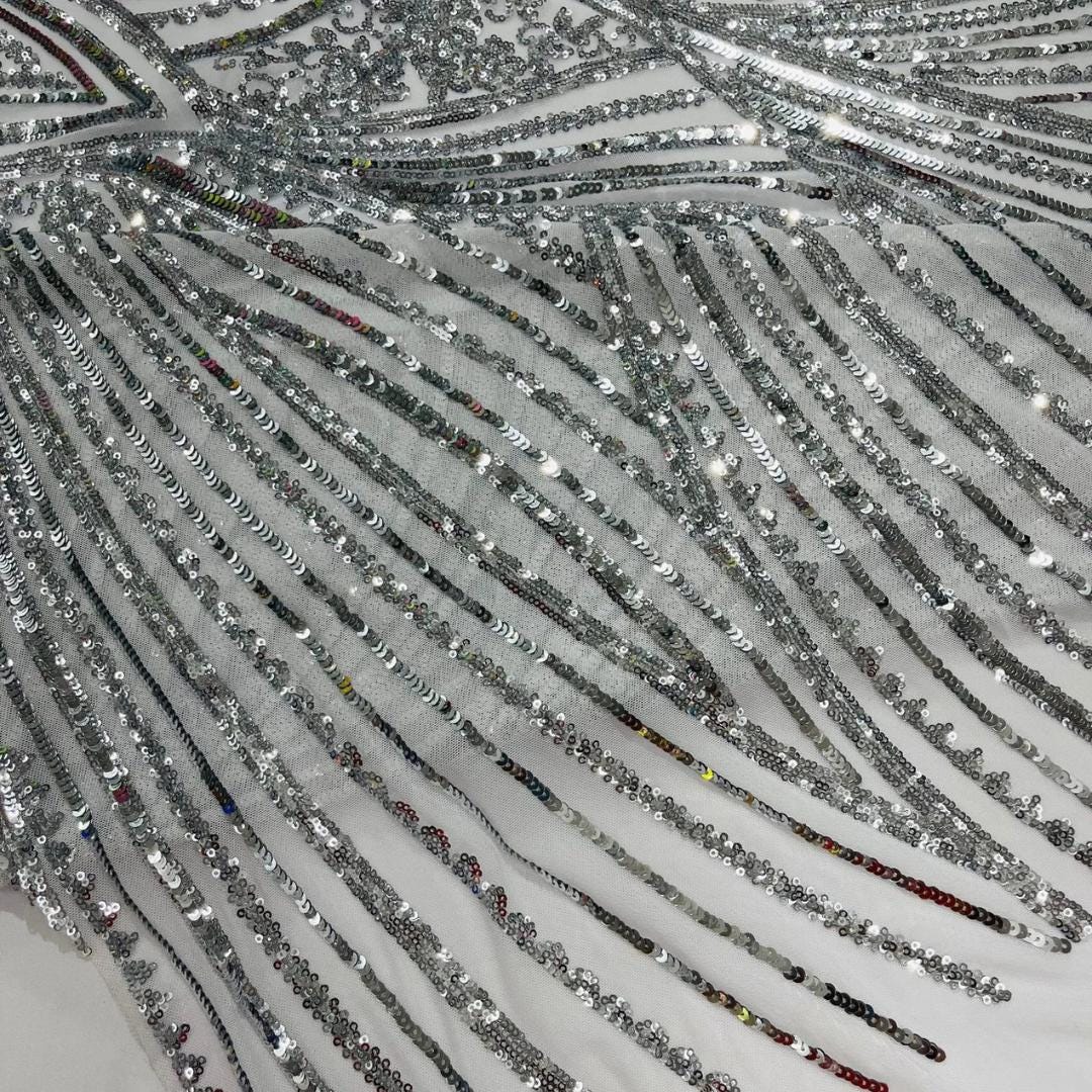 Luxury Shiny Sequin 4-Way Stretch Mesh Fabric – Prom & Evening Dress Material By The Yard. Silver