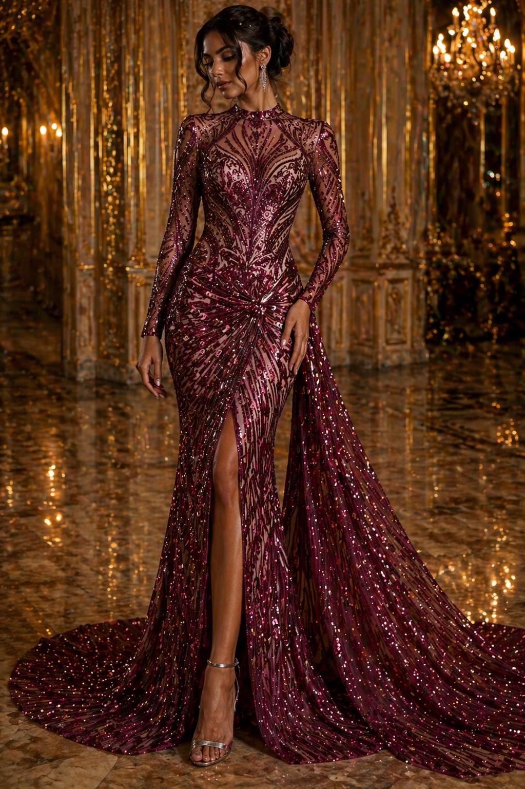 Luxury Shiny Sequin 4-Way Stretch Mesh Fabric – Prom & Evening Dress Material By The Yard. Burgundy
