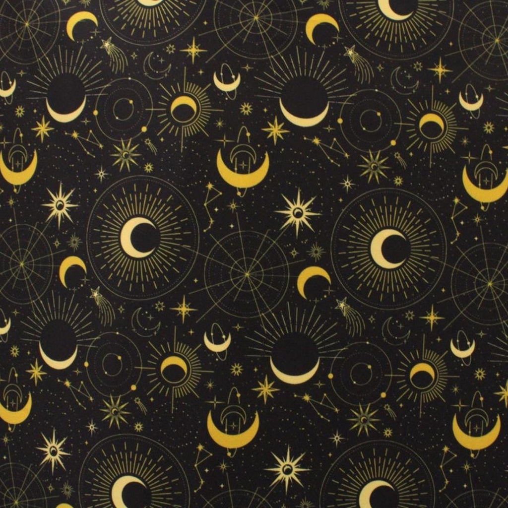Midnight Sky - Black and Gold - 4 Way Stretch Fabric By The Yard - 60" Wide Spandex Fabric - Thick and Heavy Spandex Fabric