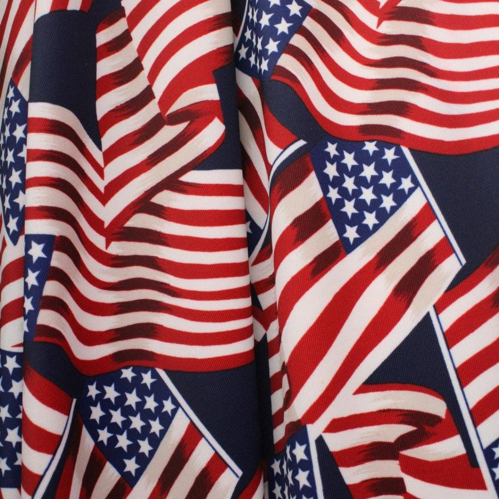 American Flags Navy Background - 4 Way Stretch Fabric By The Yard - 60" Wide Spandex Fabric - Thick and Heavy Spandex Fabric