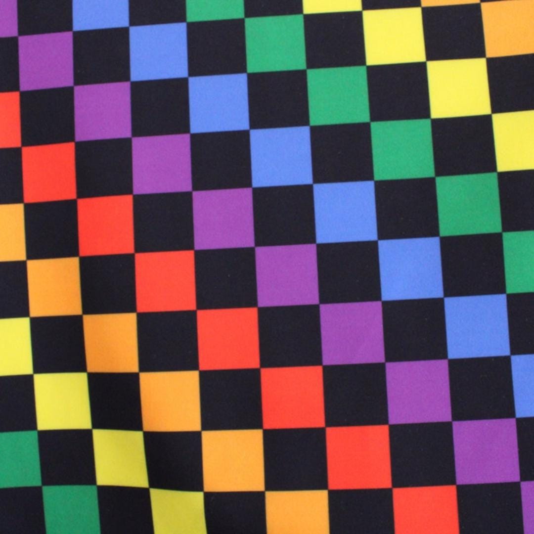 Rainbow Checkers Black - 4 Way Stretch Fabric By The Yard - 60" Wide Spandex Fabric - Thick and Heavy Spandex Fabric