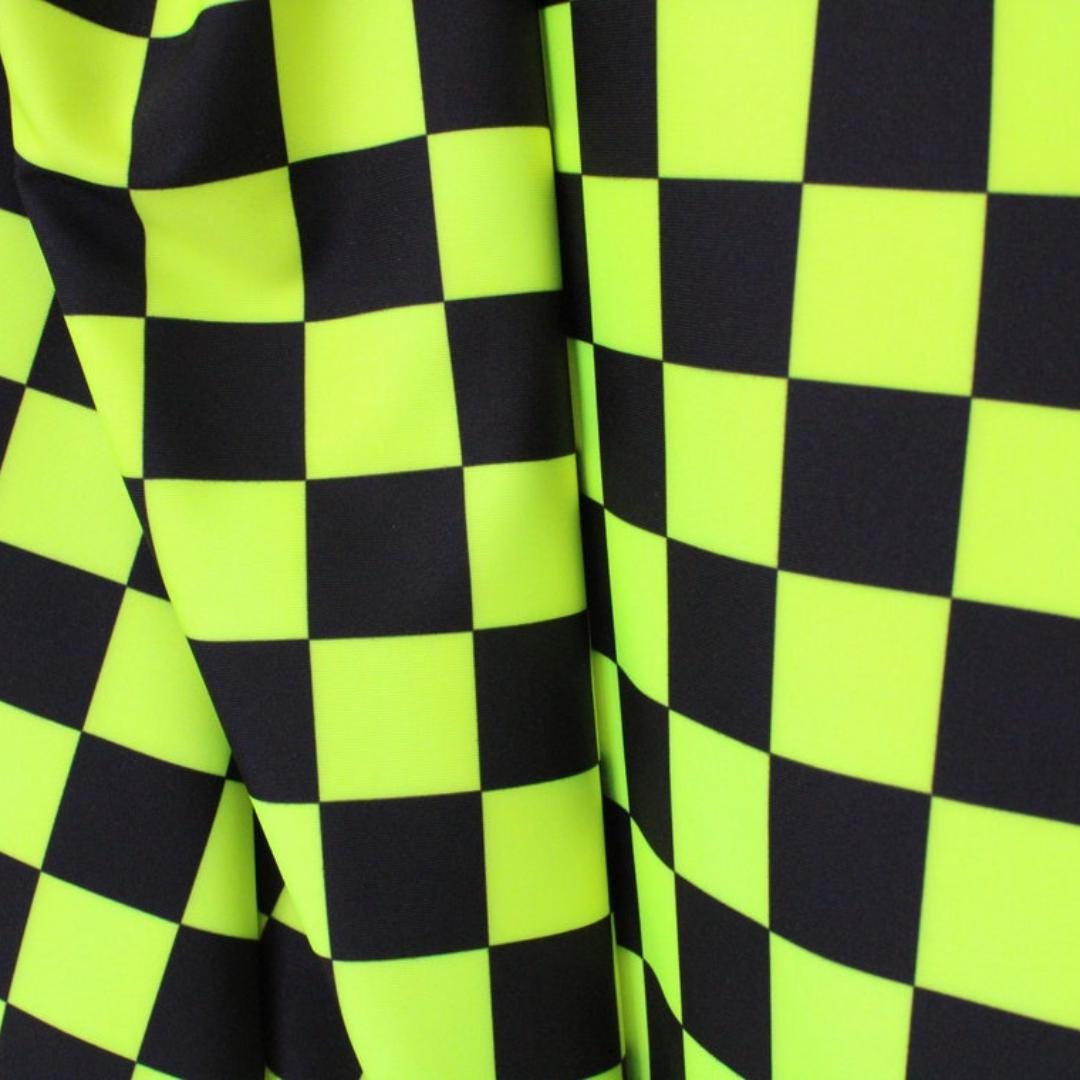 Neon Checkers Yellow/Black - 4 Way Stretch Fabric By The Yard - 60" Wide Spandex Fabric - Thick and Heavy Spandex Fabric