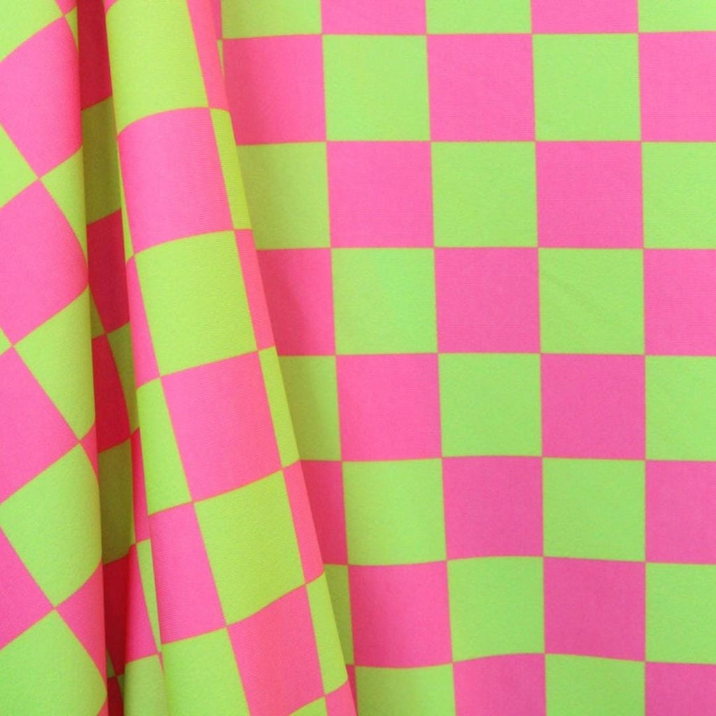 Neon Checkers Green/Pink - 4 Way Stretch Fabric By The Yard - 60" Wide Spandex Fabric - Thick and Heavy Spandex Fabric