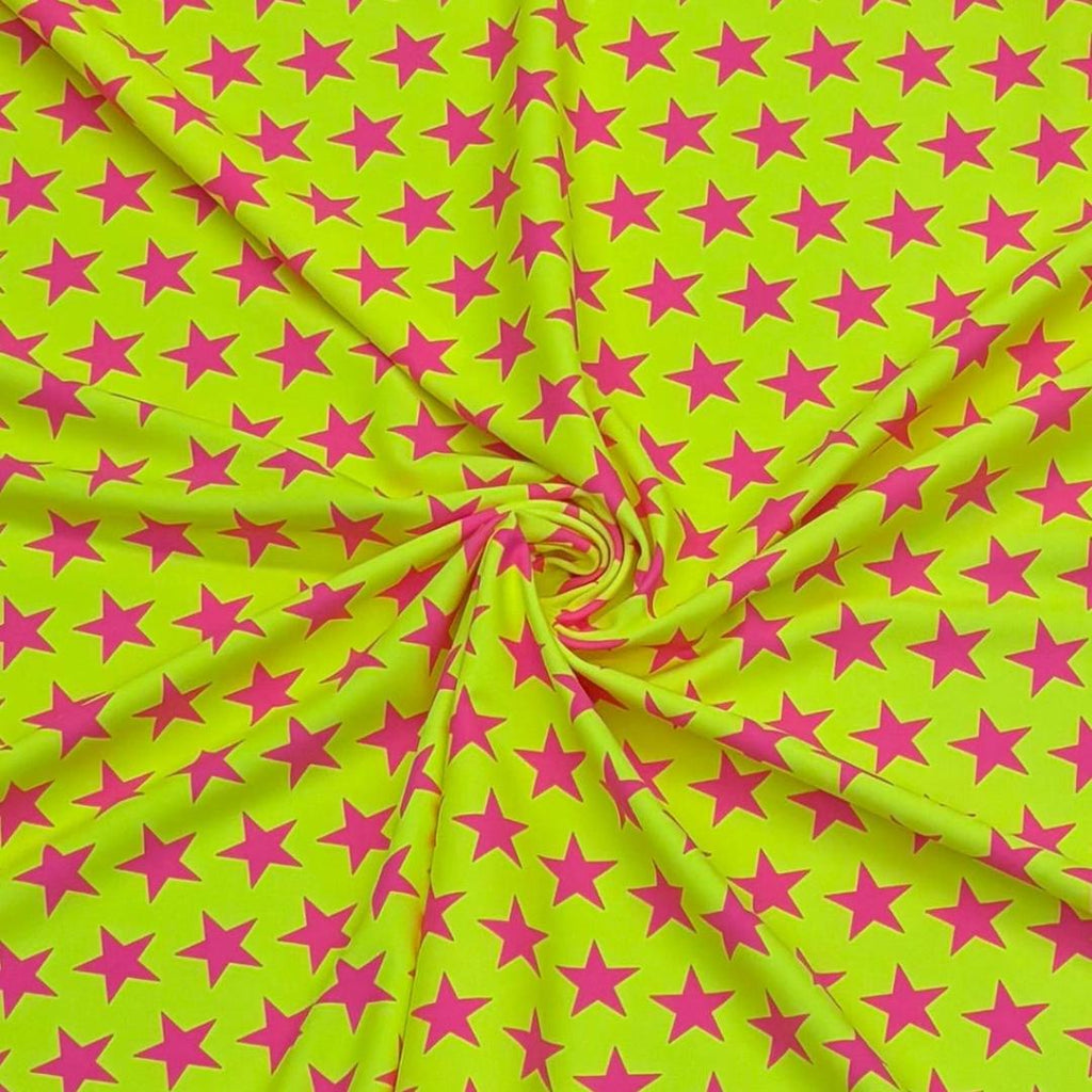Black-light Reactive Yellow and Pink Star - 4 Way Stretch Fabric By The Yard - 60" Wide Spandex Fabric - Thick and Heavy Spandex Fabric