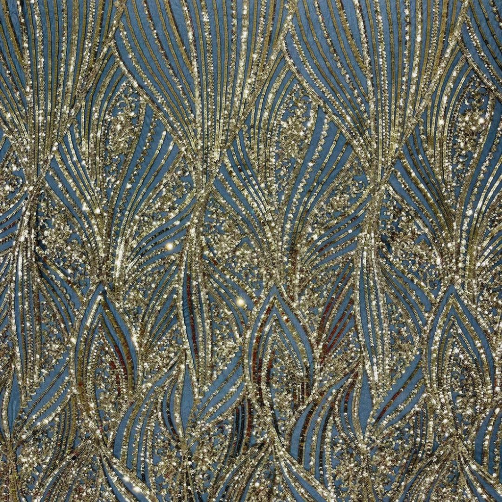 Luxury Shiny Sequin 4-Way Stretch Mesh Fabric – Prom & Evening Dress Material By The Yard. Black/Gold