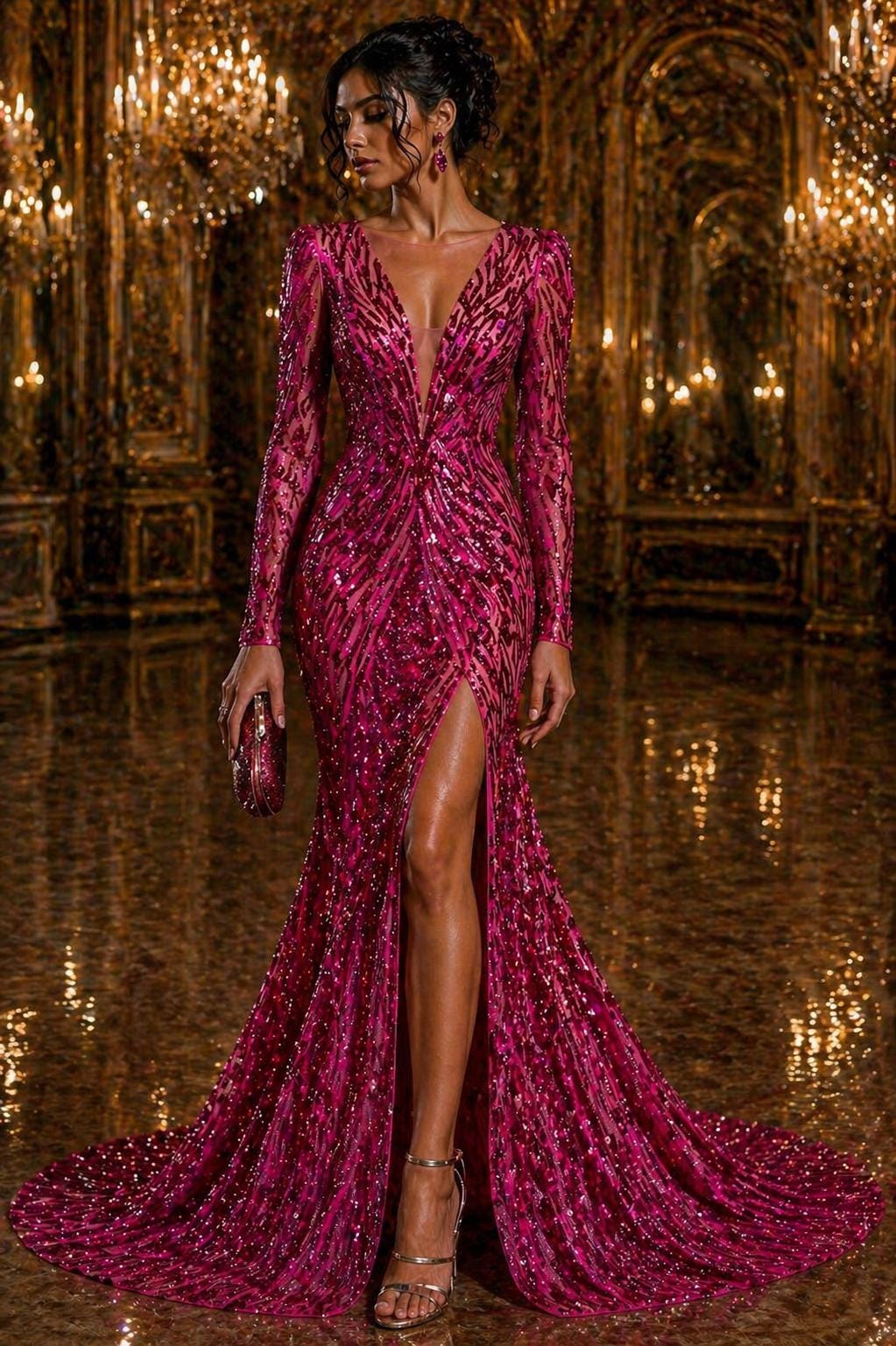 Luxury Shiny Sequin 4-Way Stretch Mesh Fabric – Prom & Evening Dress Material By The Yard. Fuchsia