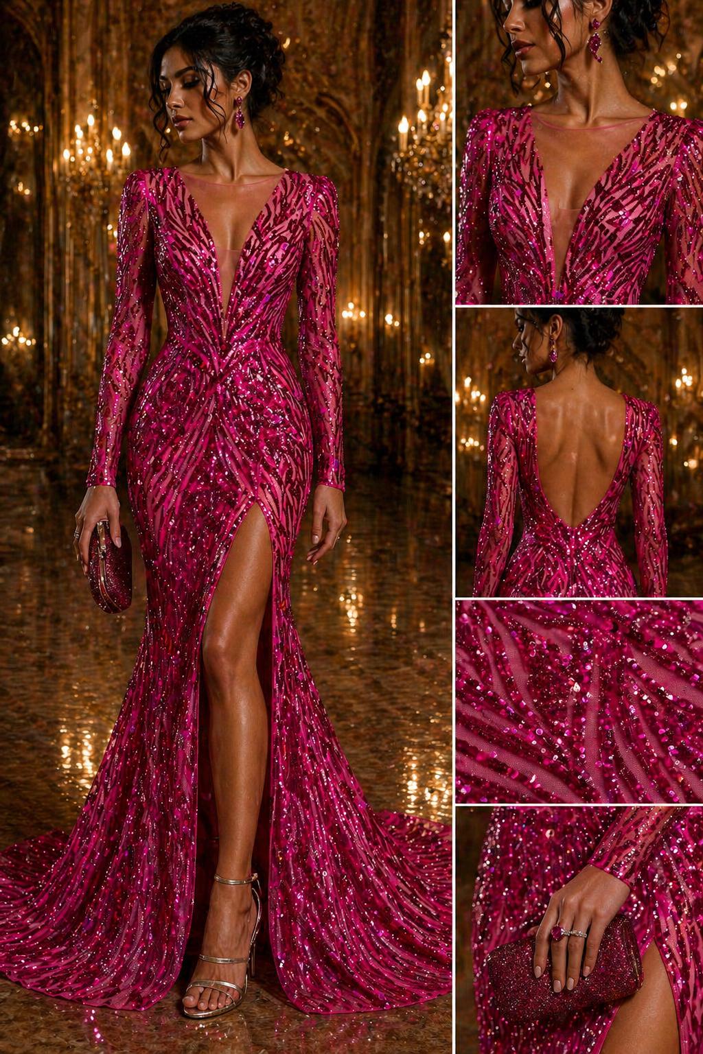 Luxury Shiny Sequin 4-Way Stretch Mesh Fabric – Prom & Evening Dress Material By The Yard. Fuchsia