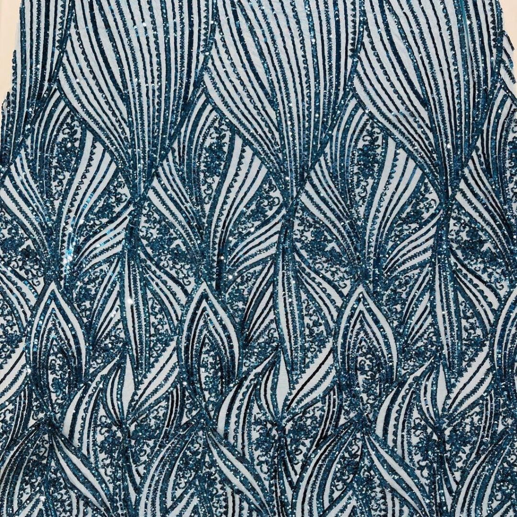 Luxury Shiny Sequin 4-Way Stretch Mesh Fabric – Prom & Evening Dress Material By The Yard. Teal Blue