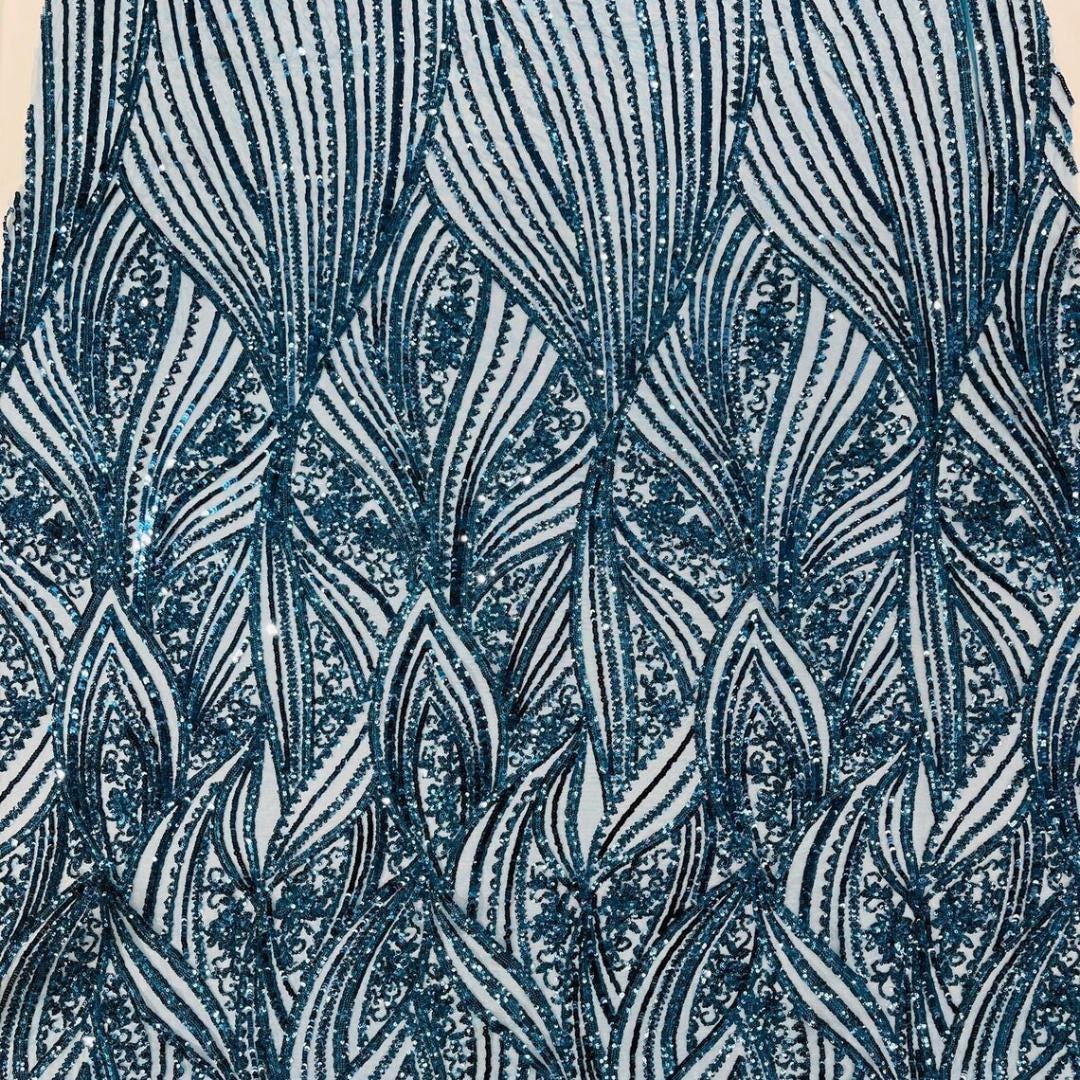 Luxury Shiny Sequin 4-Way Stretch Mesh Fabric – Prom & Evening Dress Material By The Yard. Teal Blue