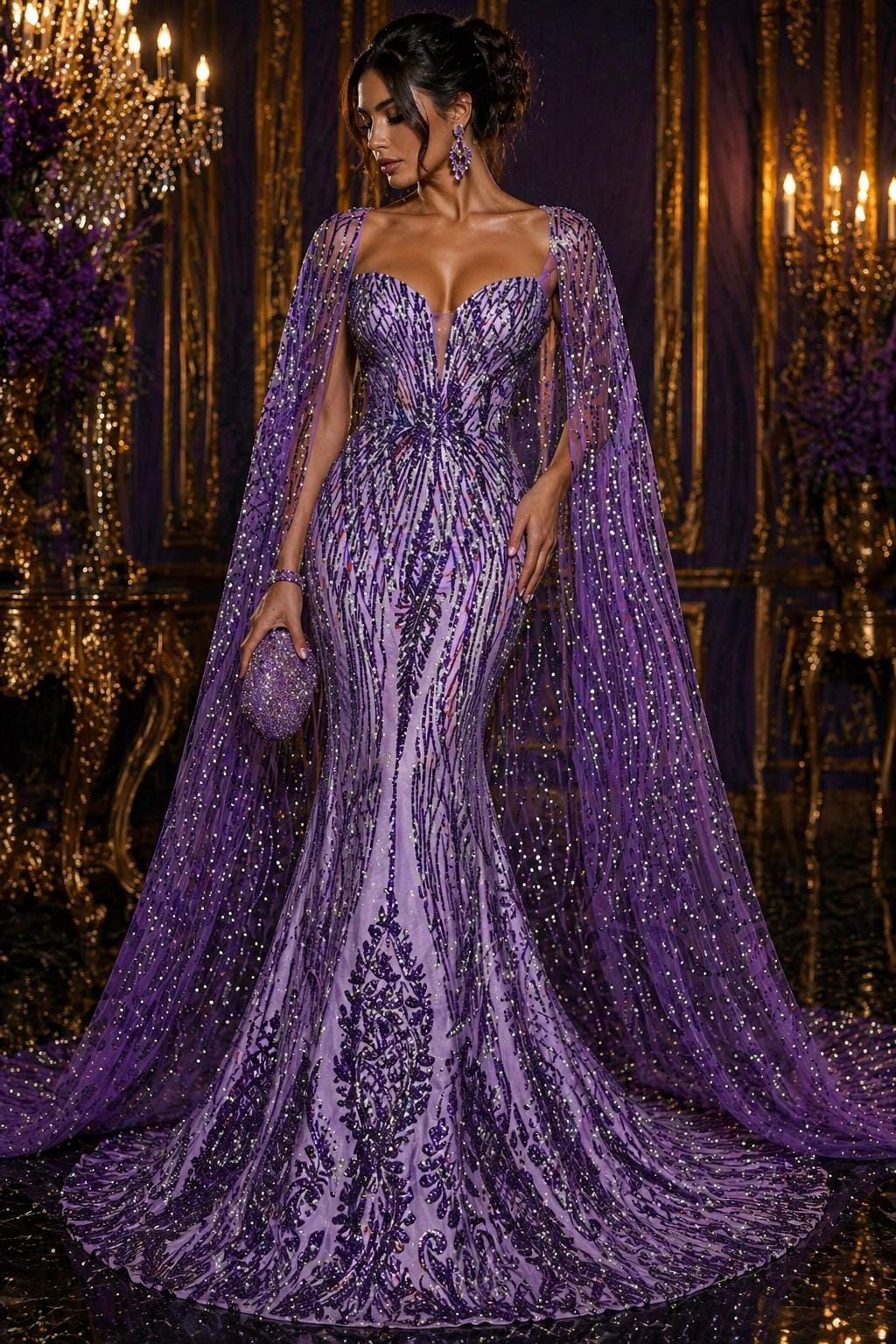 EGGPLANT - Luxury Shiny Sequin 4-Way Stretch Mesh Fabric – Prom & Evening Dress Material By The Yard.