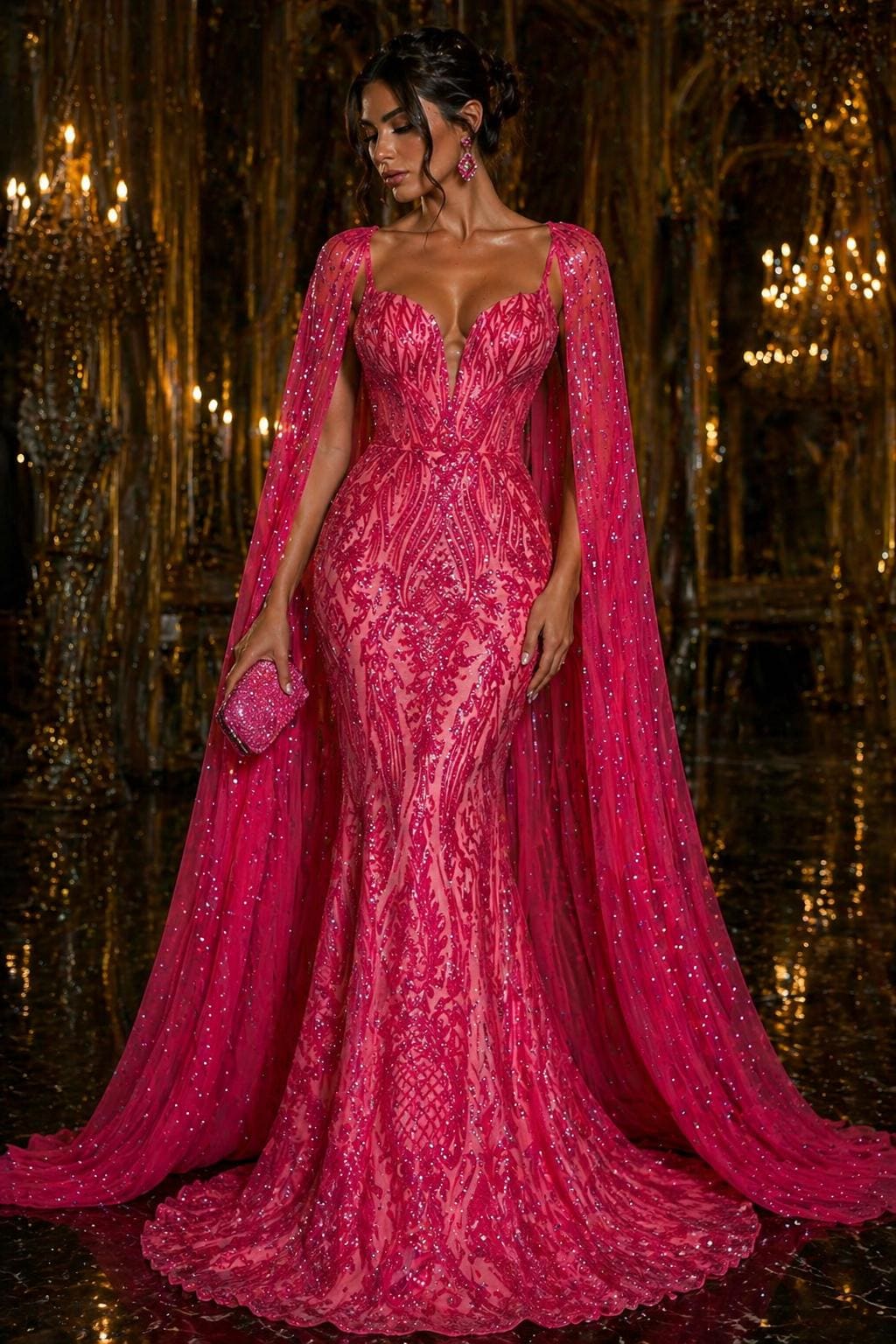 HOT PINK - Luxury Shiny Sequin 4-Way Stretch Mesh Fabric – Prom & Evening Dress Material By The Yard.