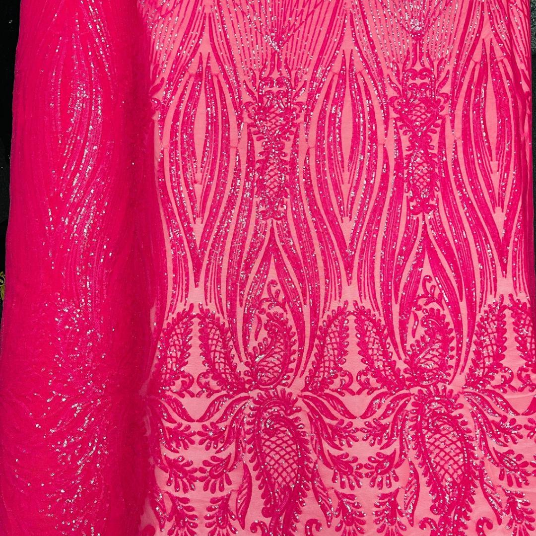 HOT PINK - Luxury Shiny Sequin 4-Way Stretch Mesh Fabric – Prom & Evening Dress Material By The Yard.