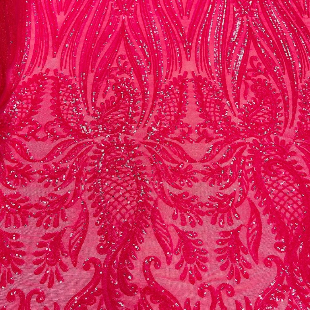 HOT PINK - Luxury Shiny Sequin 4-Way Stretch Mesh Fabric – Prom & Evening Dress Material By The Yard.